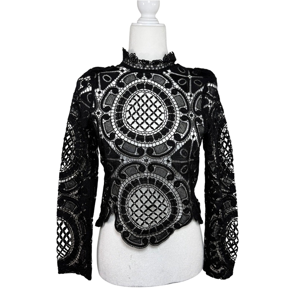 Angel Biba Black Guipure Lace Top Mock Neck Gothic Victorian Sheer Dark Femme 10